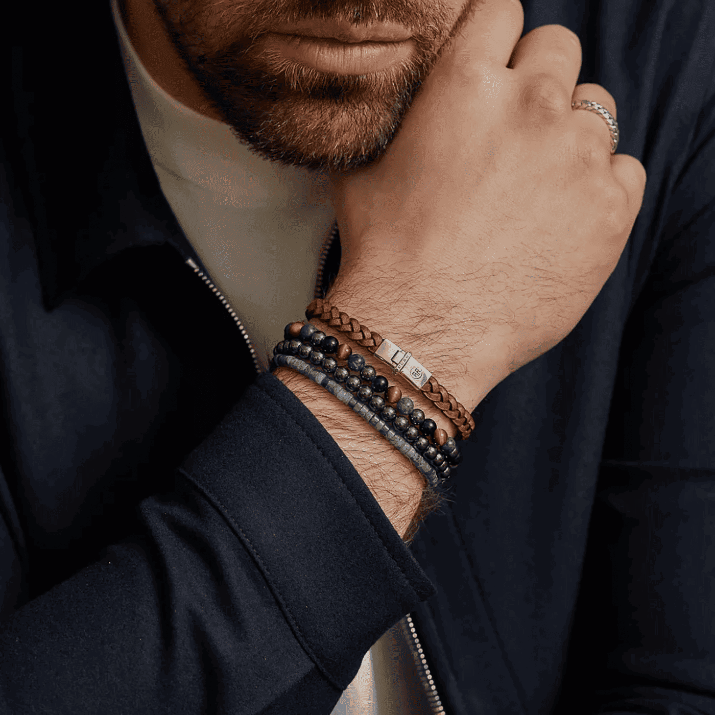 Armband 925er Silber Small Braided Raw Cognac